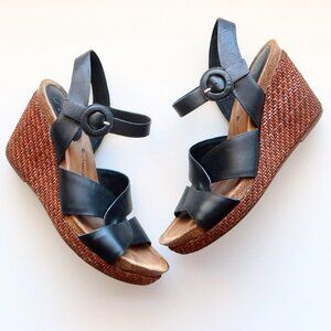 Sofft Casidy Black Leather & Brown Woven Raffia Platform Wedge Heel Sandals 8.5